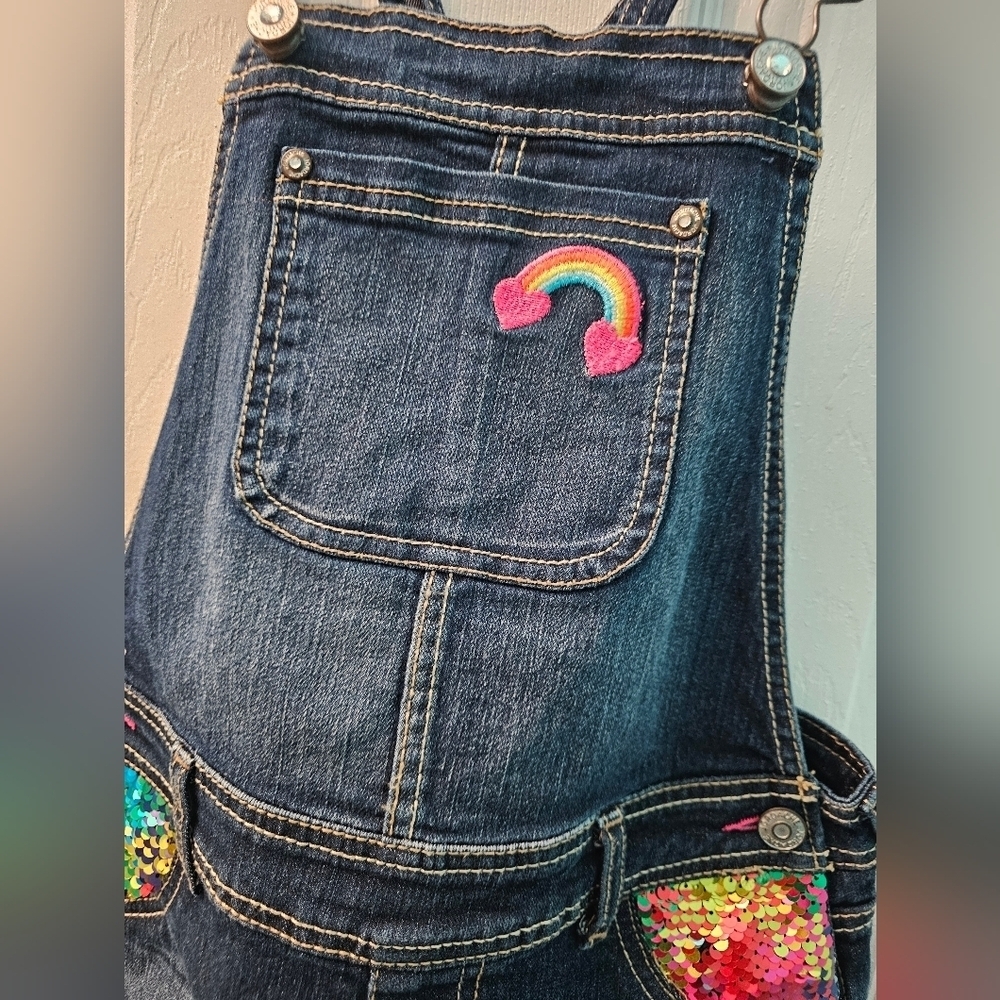 Kids Denim Overalls with Rainbow Sequin Pockets - Picture 2 of 8